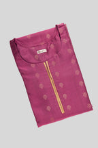 Top view of Purple Pure Silk Womens Kurta set featuring Zari Butta Kurta paired with Gold Plain Body bottom and a Zari Butta dupatta in Gold