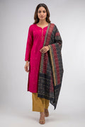 Dark Pink Pure Silk Womens Kurta set featuring Zari Butta Kurta paired with Gold Plain Body bottom and a Printed dupatta in Gold front image displayed on an AI model