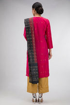 Green Pure Silk Womens Kurta set featuring Zari Butta Kurta paired with Gold Plain Body bottom and a Printed dupatta in Gold back image displayed on an AI model