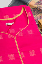 Detailed shot of Green Pure Silk Womens Kurta set featuring Zari Butta Kurta paired with Gold Plain Body bottom and a Printed dupatta in Gold