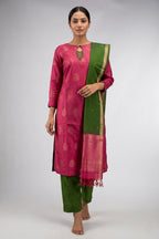 Pink Pure Silk Womens Kurta set featuring Zari Butta Kurta paired with Green Plain Body bottom and a Zari Butta dupatta in Green front image displayed on an AI model