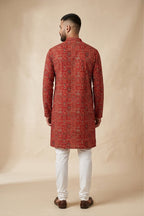 Maroon Pure Cotton Printed Mens Kurta