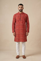 Maroon Pure Cotton Printed Mens Kurta