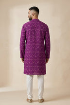 Purple Pure Cotton Ikat Print Mens Kurta back image displayed on an AI model