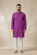Purple Pure Cotton Ikat Print Mens Kurta