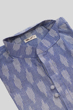 Detailed shot of Blue Pure Cotton Ikat Print Mens Kurta