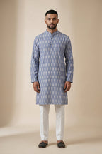 Blue Pure Cotton Ikat Print Mens Kurta