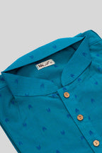 Detailed shot of Peacock Blue Pure Cotton Thread Butta Mens Kurta