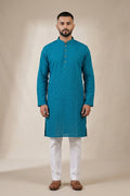 Peacock Blue Pure Cotton Thread Butta Mens Kurta