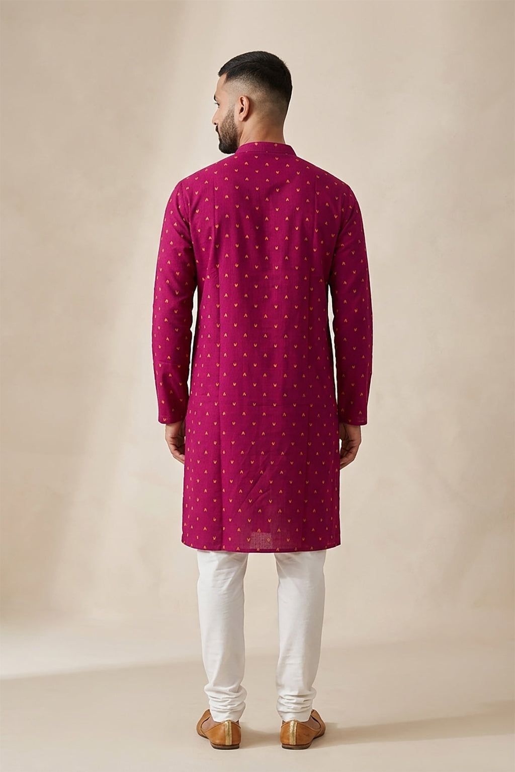 Maroon Pure Cotton Thread Butta Mens Kurta back image displayed on an AI model