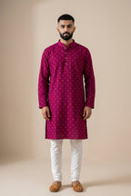Maroon Pure Cotton Thread Butta Mens Kurta