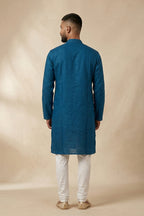 Peacock Blue Pure Cotton Plain Body Mens Kurta back image displayed on an AI model