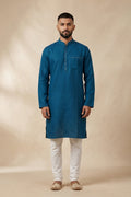 Peacock Blue Pure Cotton Plain Body Mens Kurta