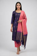 Violet Pure Silk Womens Kurta set featuring Zari Butta Kurta paired with Rose pink Plain Body bottom and a Zari Butta dupatta in Rose pink front image displayed on an AI model