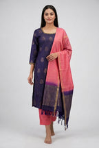 Violet Pure Silk Womens Kurta set featuring Zari Butta Kurta paired with Rose pink Plain Body bottom and a Zari Butta dupatta in Rose pink front image displayed on an AI model