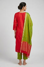 Red Pure Silk Womens Kurta set featuring Embroidery Kurta paired with Green Plain Body bottom and a Zari Butta dupatta in Green back image displayed on an AI model