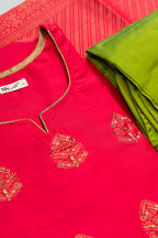 Detailed shot of Red Pure Silk Womens Kurta set featuring Embroidery Kurta paired with Green Plain Body bottom and a Zari Butta dupatta in Green