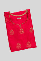 Top view of Red Pure Silk Womens Kurta set featuring Embroidery Kurta paired with Green Plain Body bottom and a Zari Butta dupatta in Green