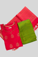 Flat lay of Red Pure Silk Womens Kurta set featuring Embroidery Kurta paired with Green Plain Body bottom and a Zari Butta dupatta in Green