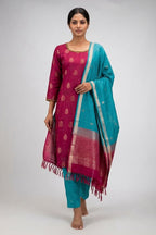 Maroon Pure Silk Womens Kurta set featuring Embroidery Kurta paired with Light Blue Plain Body bottom and a Zari Butta dupatta in Light Blue front image displayed on an AI model