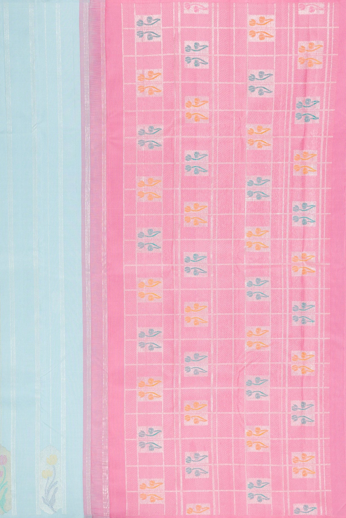 Close up image of the pallu of Light Blue Kanjivaram Silk Saree with Stripes on the body and Without Border. 