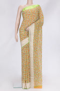 Beige Dual Tone Mysore Georgette Saree with Printed design on the body and Zari And Thread Border.  displayed on a mannequin
