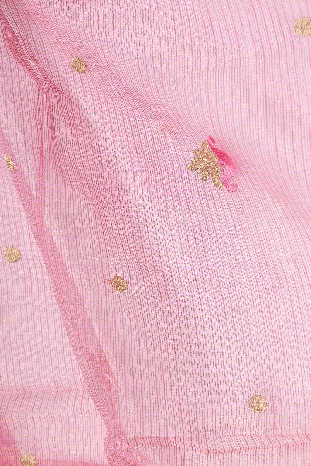 Close up of Pink Dual Tone Kota Silk Saree with Embroidery on the body and Embroidery Border displaying folds