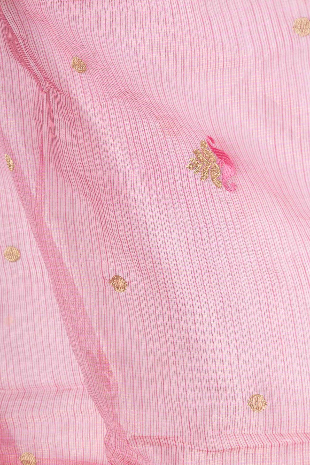 Close up of Pink Dual Tone Kota Silk Saree with Embroidery on the body and Embroidery Border displaying folds