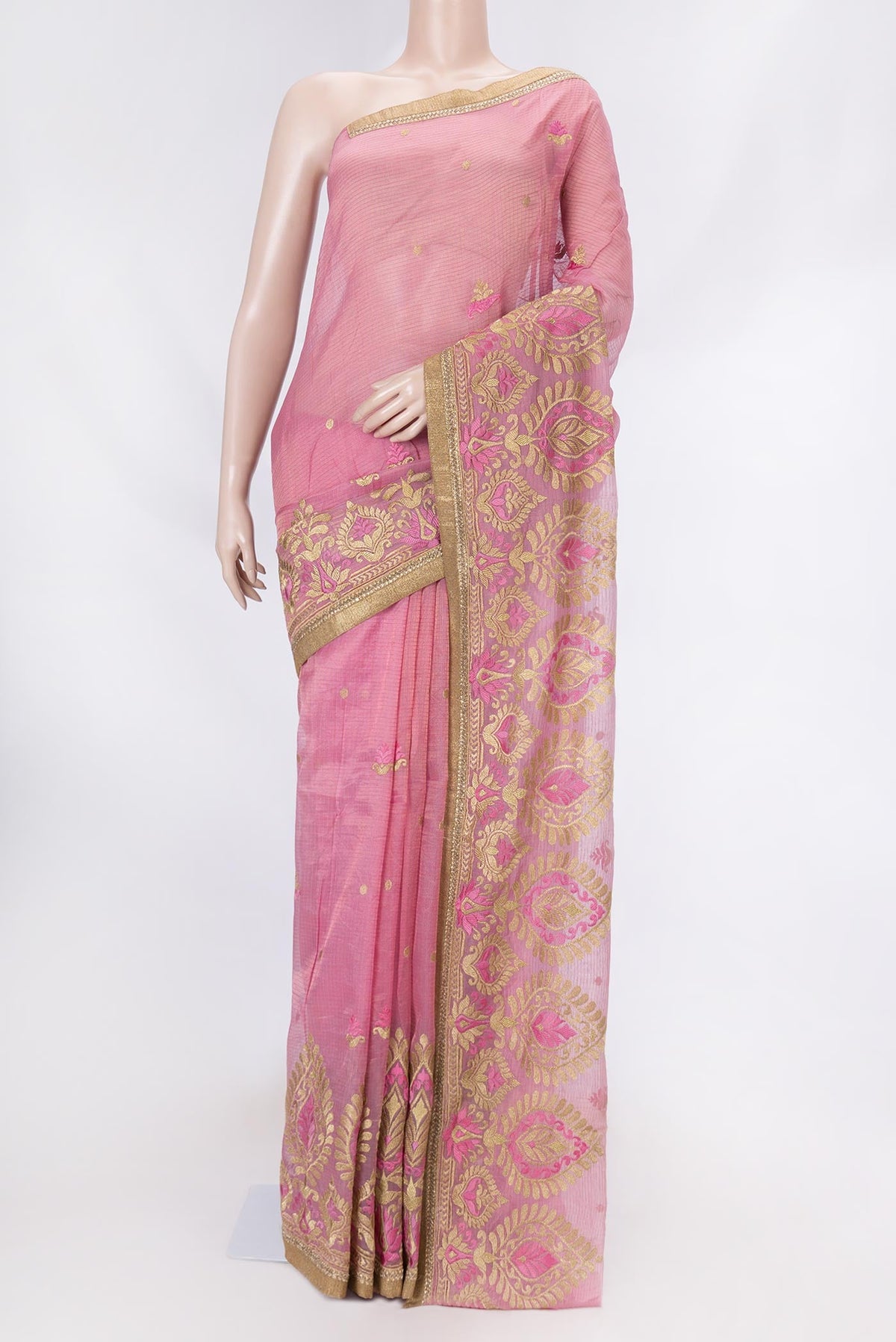 Pink Dual Tone Kota Silk Saree with Embroidery on the body and Embroidery Border displayed on a mannequin
