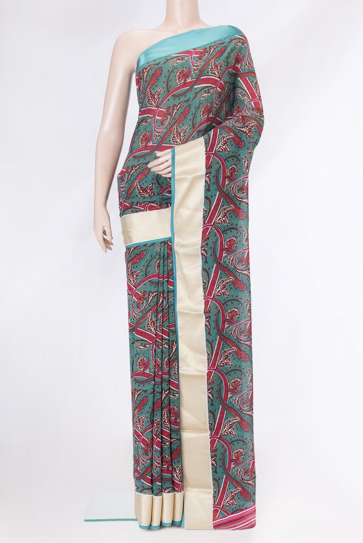 Green Dual Tone Mysore Georgette Saree with Printed design on the body and Plain Border.  displayed on a mannequin