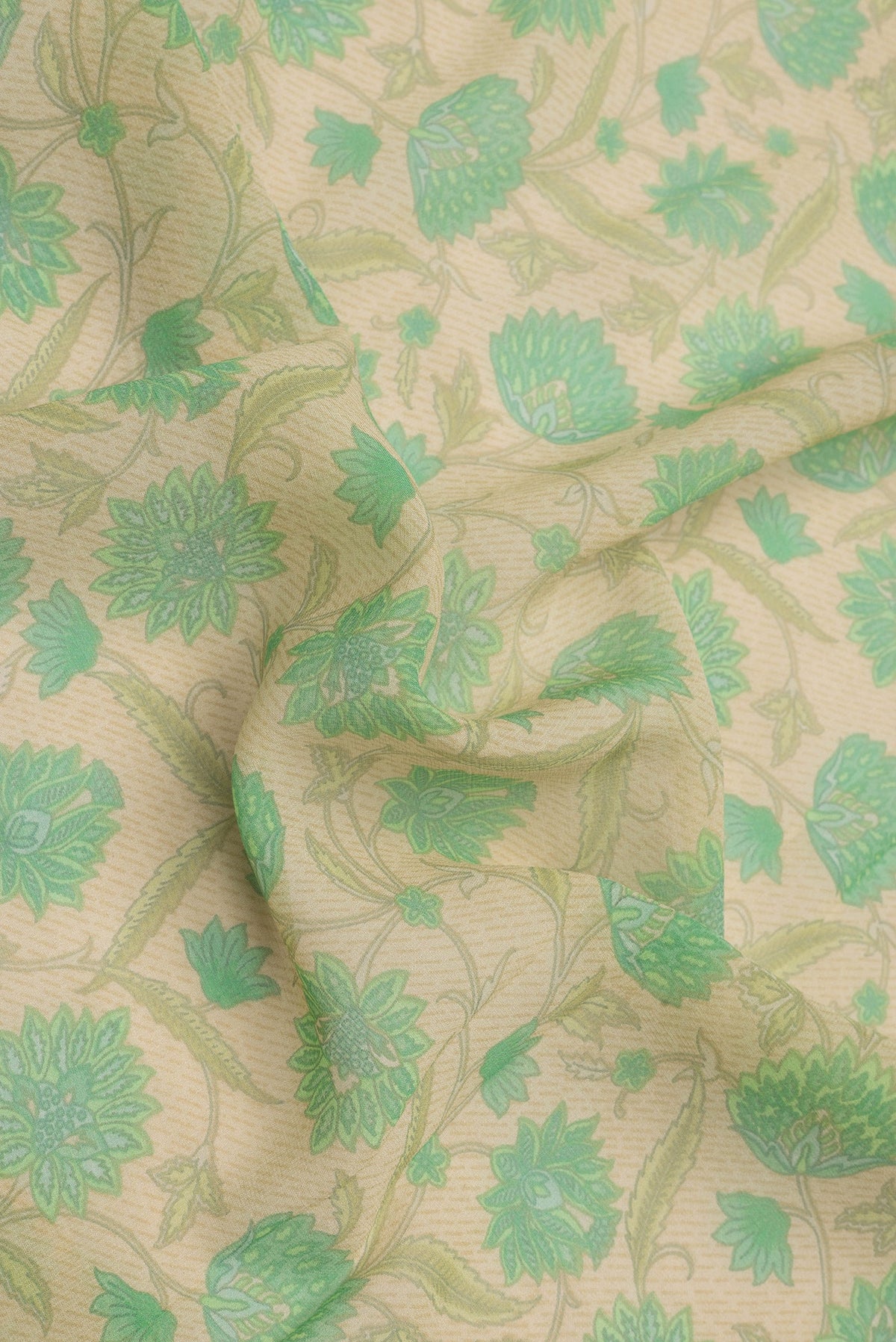 Close up of Sandal Dual Tone Mysore Georgette Saree with Printed design on the body and Zari Border.  displaying folds