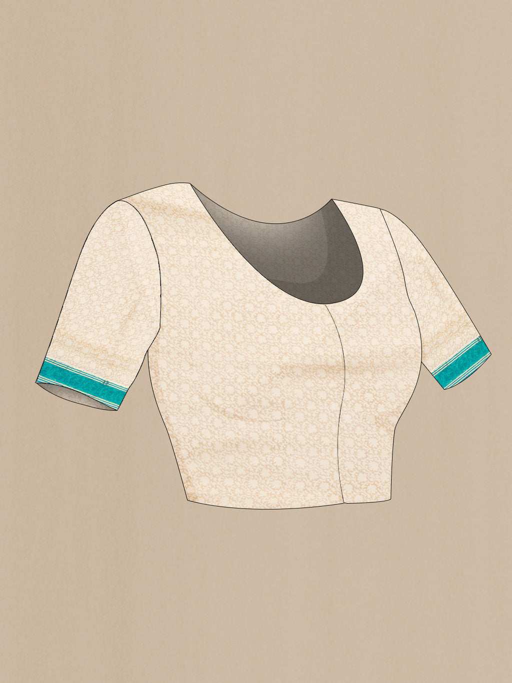 Close up image of the blouse of Beige Dual Tone Mysore Georgette Saree with Zari Butta on the body and Zari Border. 
