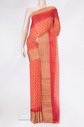Red Dual Tone Mysore Chiffon Saree with Printed design on the body and Checks Border.  displayed on a mannequin