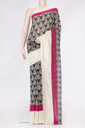 Black Dual Tone Mysore Georgette Saree with Printed design on the body and Zari Border.  displayed on a mannequin