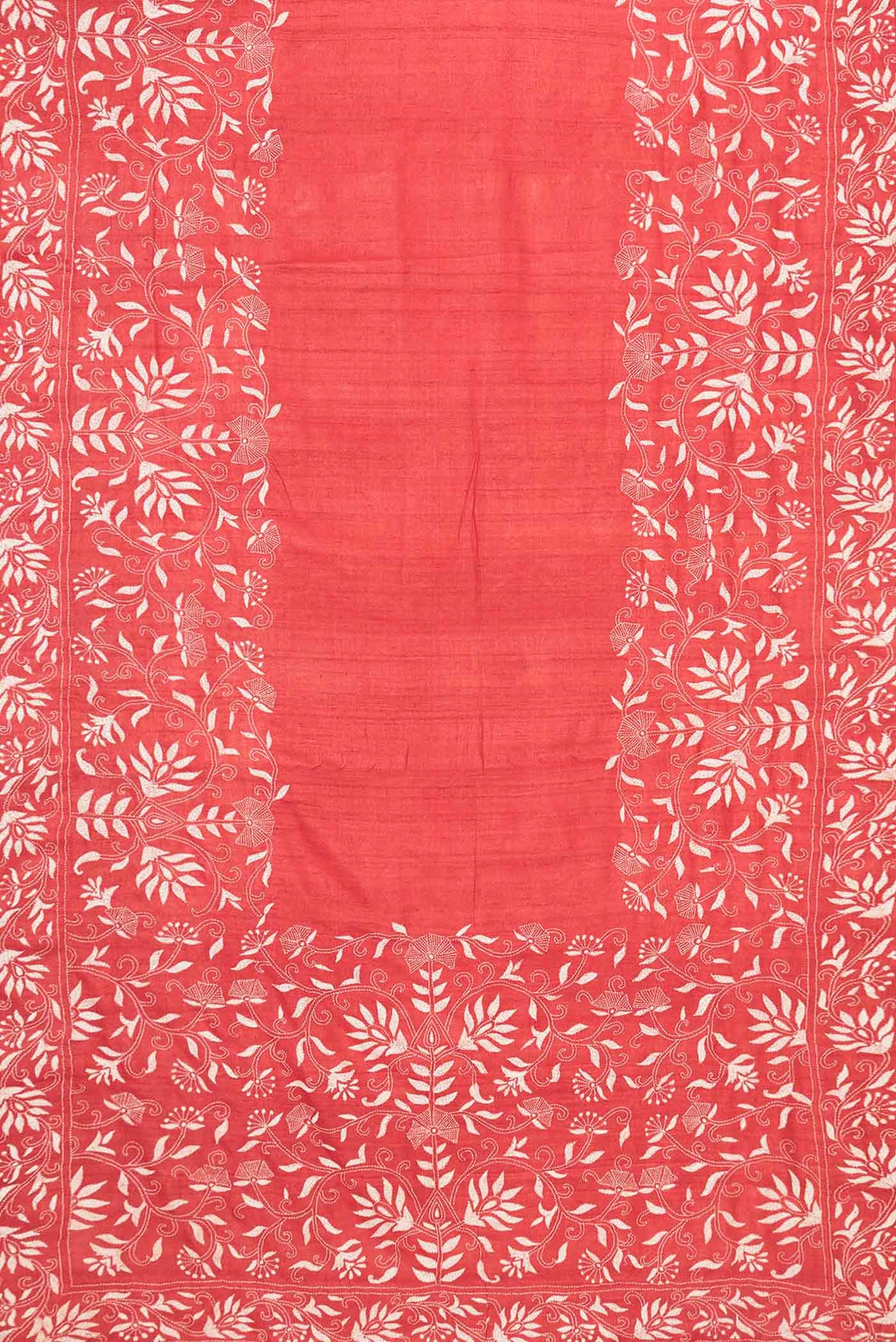 Flat view of Orange Dual Tone Tussar Saree with Plain Body and Embroidery Border