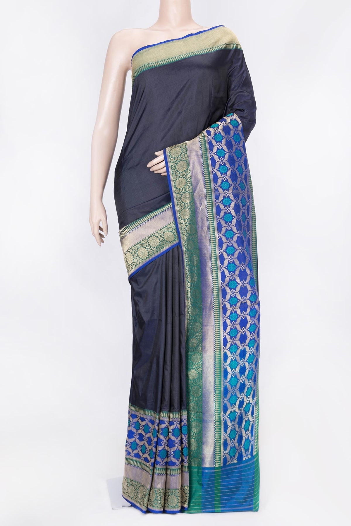 Navy Blue Dual Tone Banarasi Saree with Plain Body and Fancy Border displayed on a mannequin