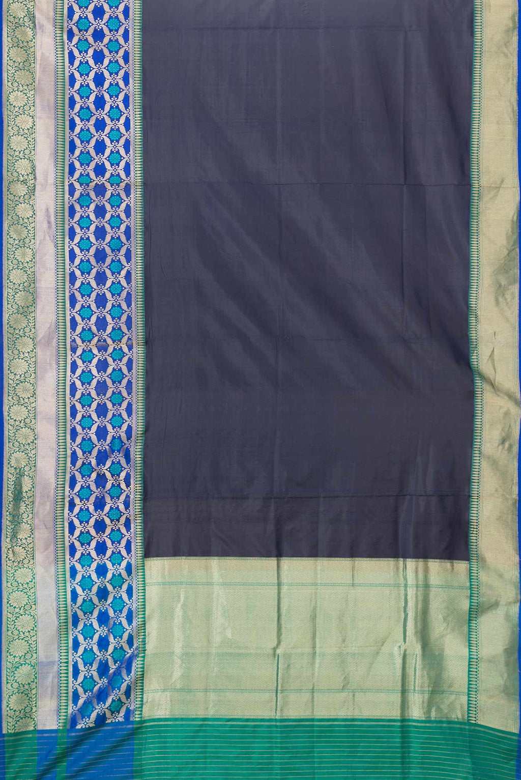 Flat view of Navy Blue Dual Tone Banarasi Saree with Plain Body and Fancy Border