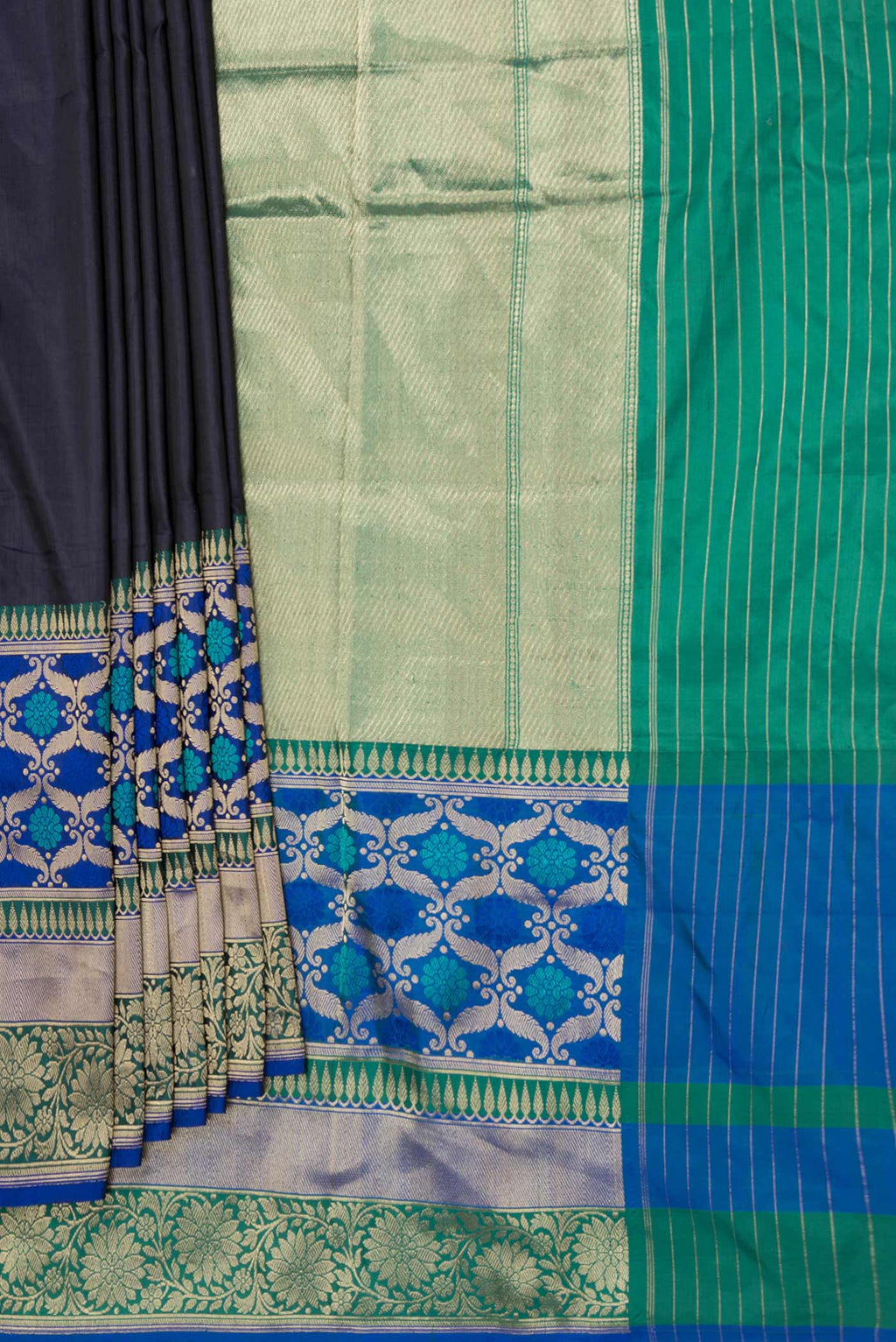 Pleats and pallu of Navy Blue Dual Tone Banarasi Saree with Plain Body and Fancy Border