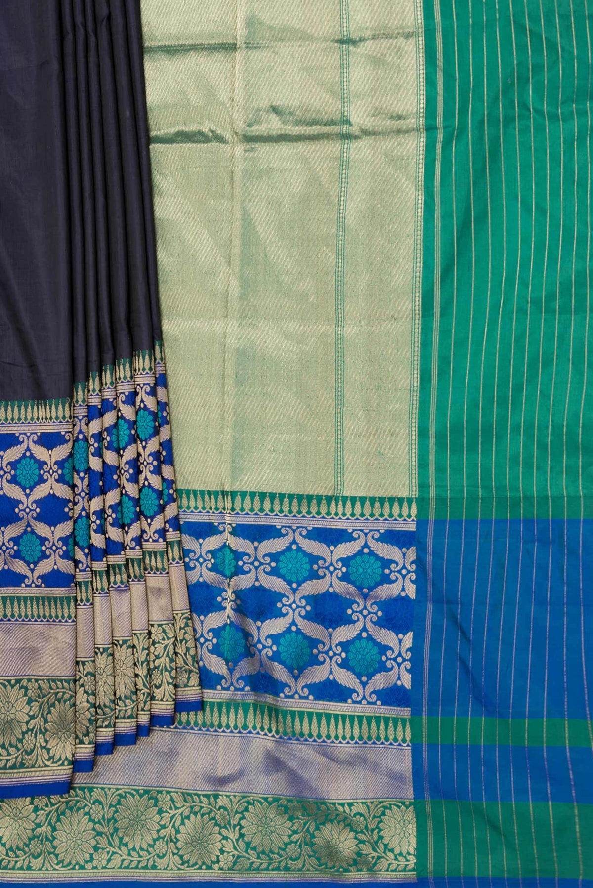 Pleats and pallu of Navy Blue Dual Tone Banarasi Saree with Plain Body and Fancy Border