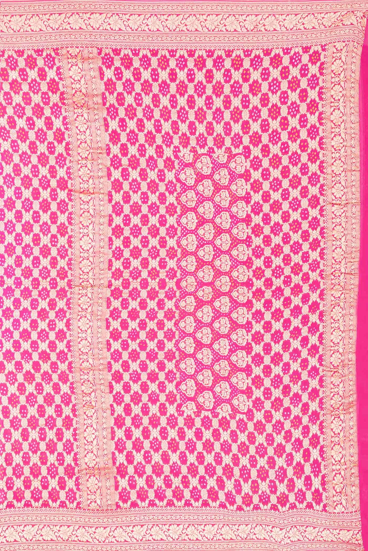 Close up image of the pallu of Pink Dual Tone Banarasi Georgette Saree with Zari Brocade on the body and Zari Border