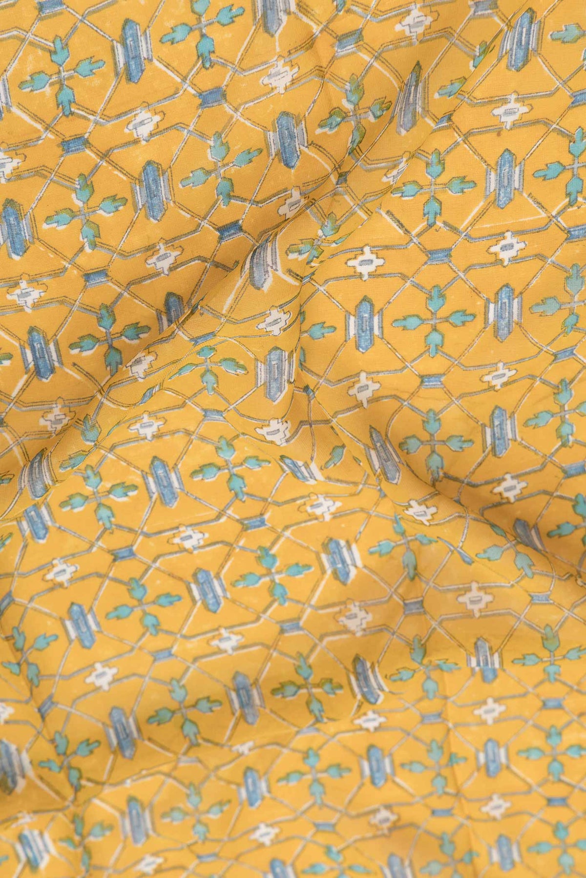 Close up of Mustard Dual Tone Mysore Georgette SareePrinted design on the body and Zari Border displaying folds
