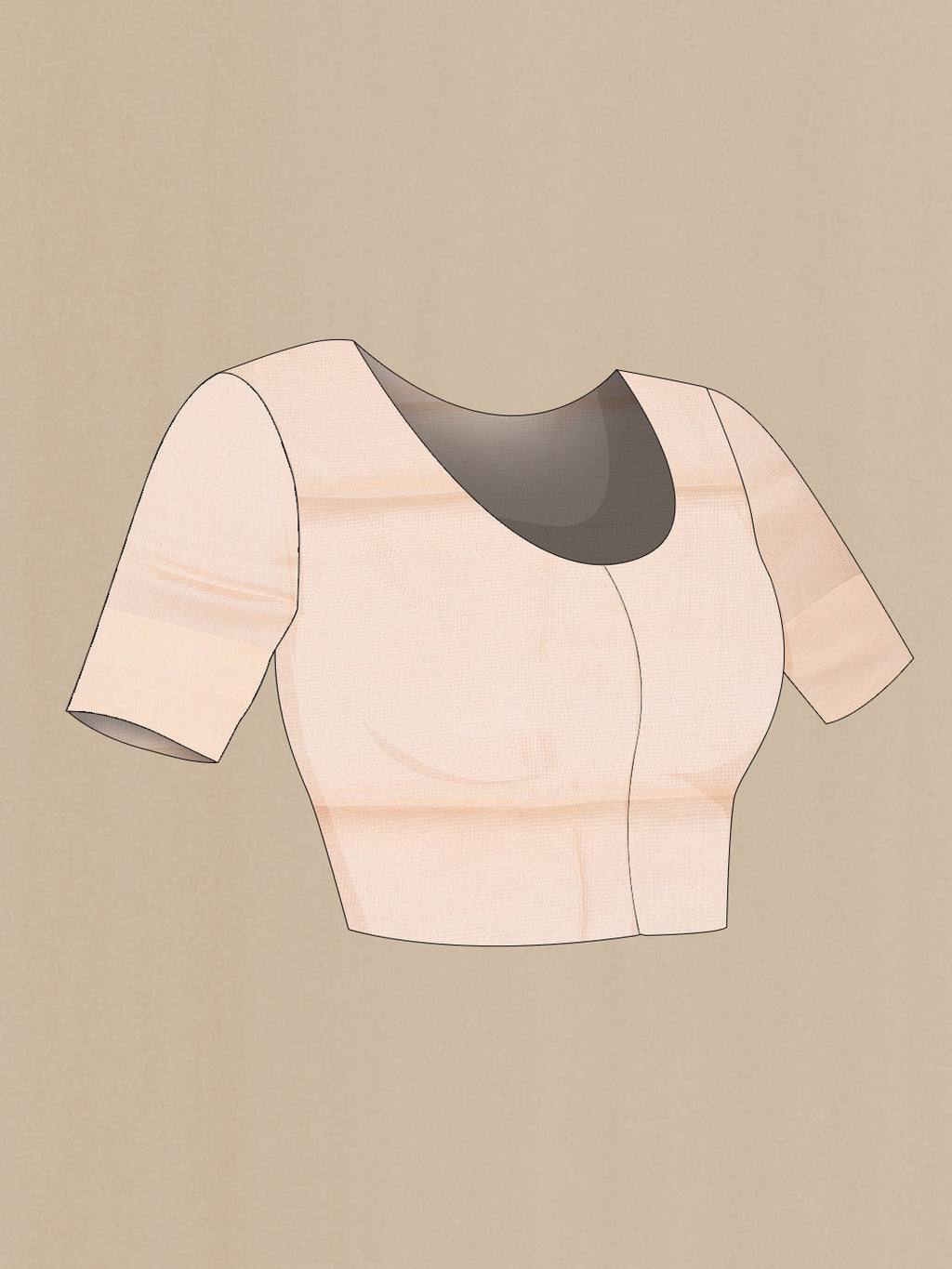 Close up image of the blouse of Peach Dual Tone Kota Silk Saree with Checked design on the body and Plain Border. 