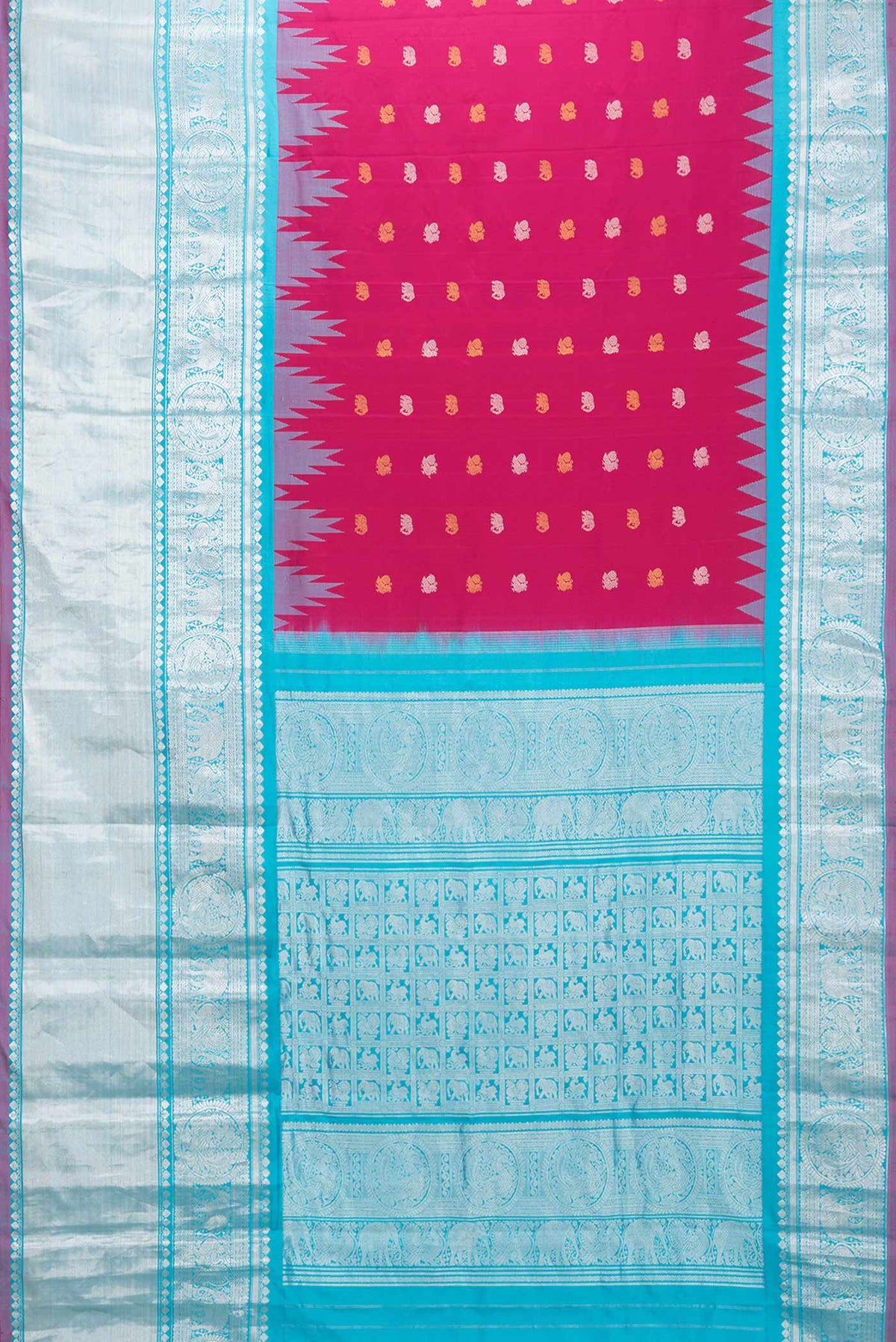 Flat view of Pink Dual Tone Gadwal Silk Saree with Zari Butta on the body and Zari Border