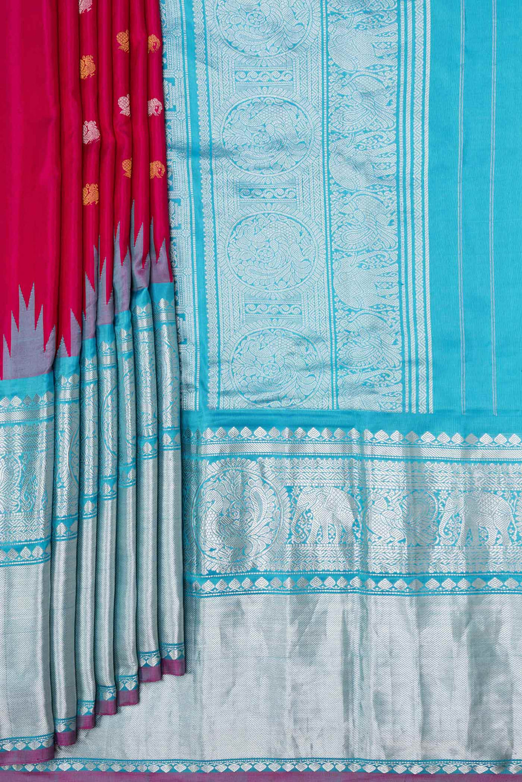 Pleats and pallu of Pink Dual Tone Gadwal Silk Saree with Zari Butta on the body and Zari Border