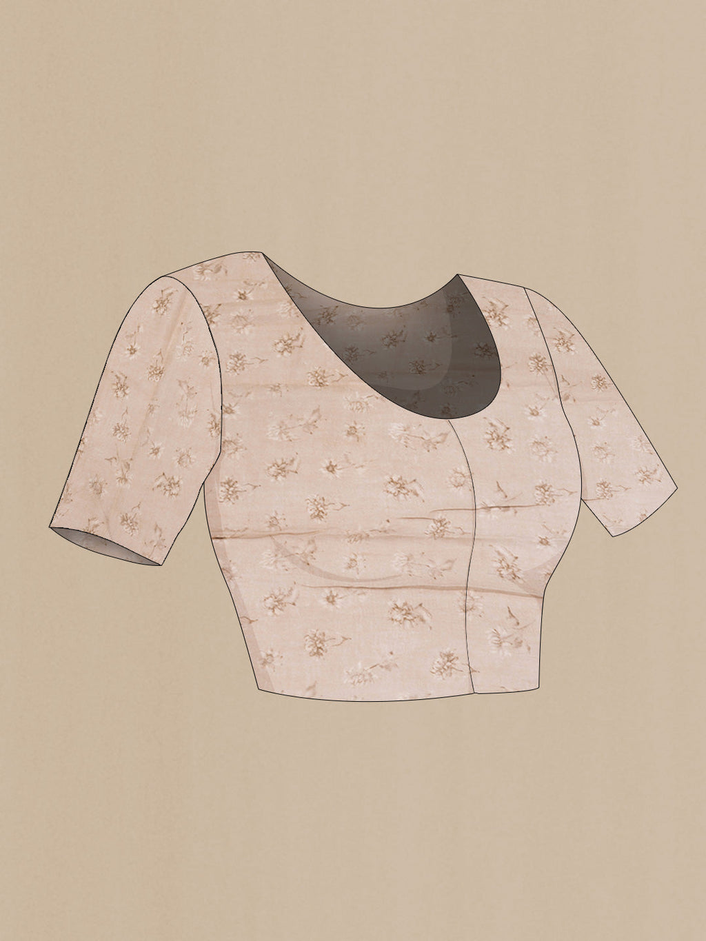 Close up image of the blouse of Peach Dual Tone Linen Saree with Printed design on the body and Zari Border