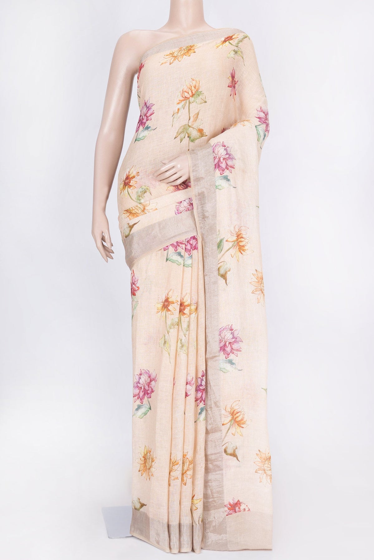 Peach Dual Tone Linen Saree with Printed design on the body and Zari Border displayed on a mannequin