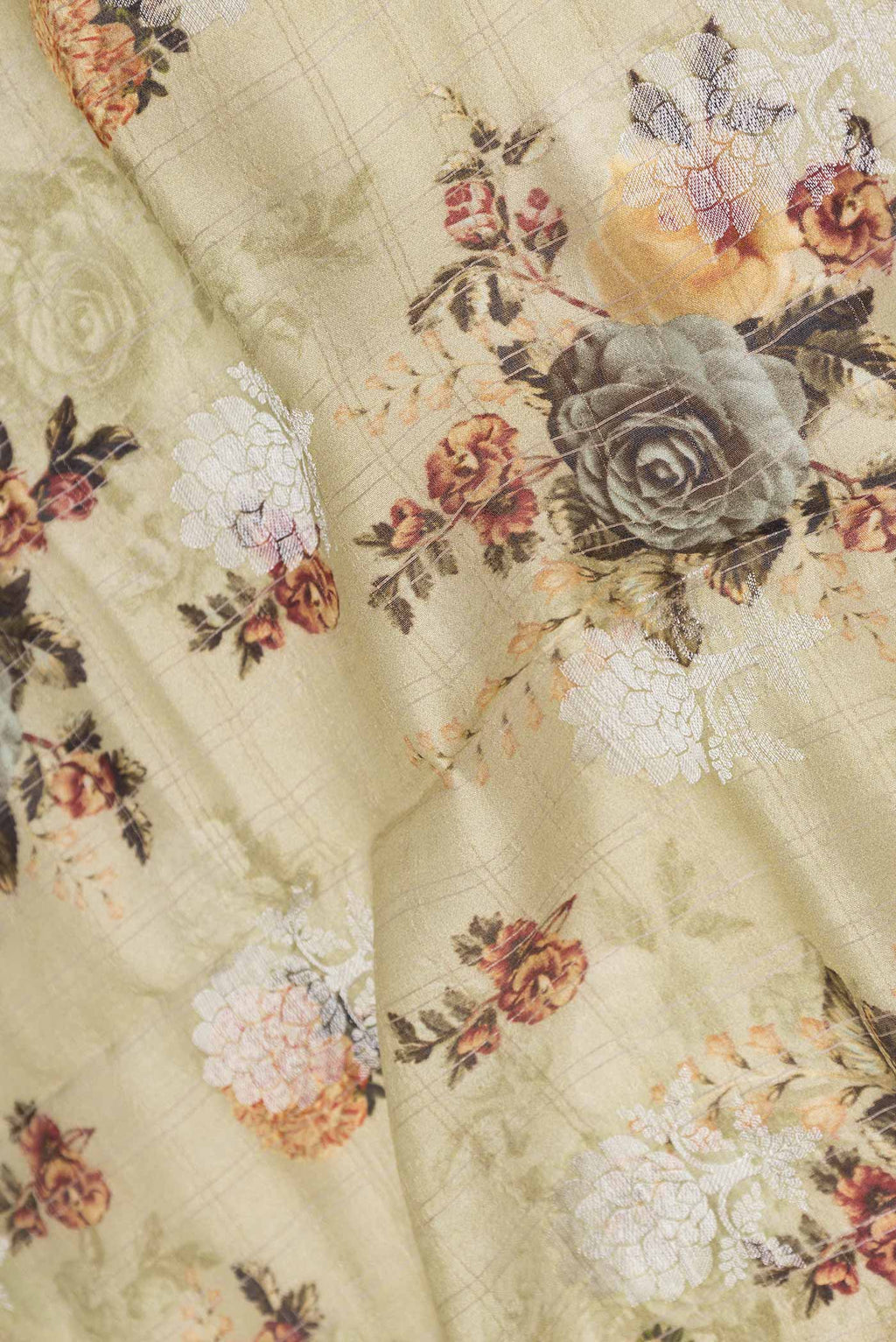 Close up of Light Green Dual Tone Tussar Silk Saree with Printed design on the body and Zari Border displaying folds