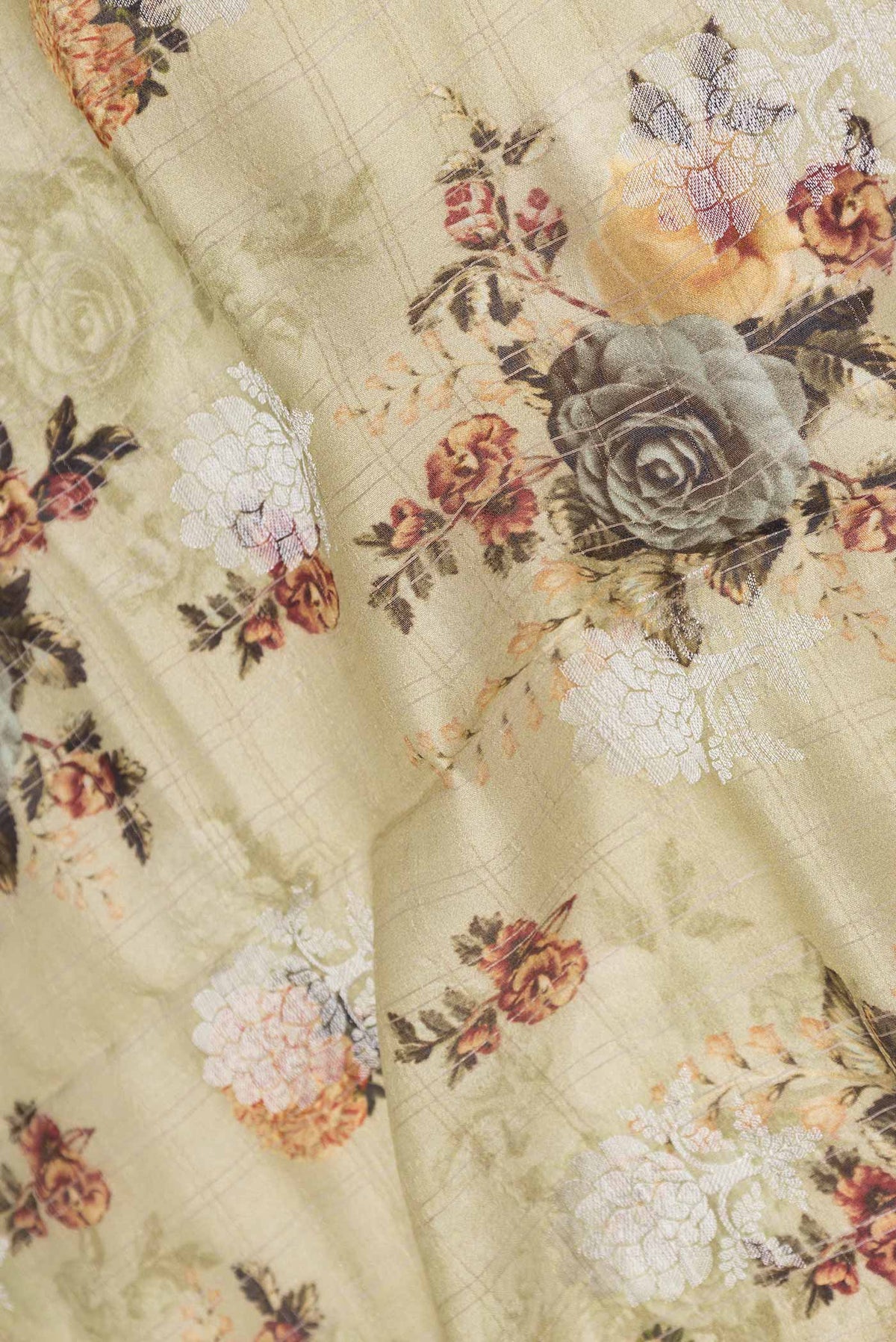 Close up of Light Green Dual Tone Tussar Silk Saree with Printed design on the body and Zari Border displaying folds