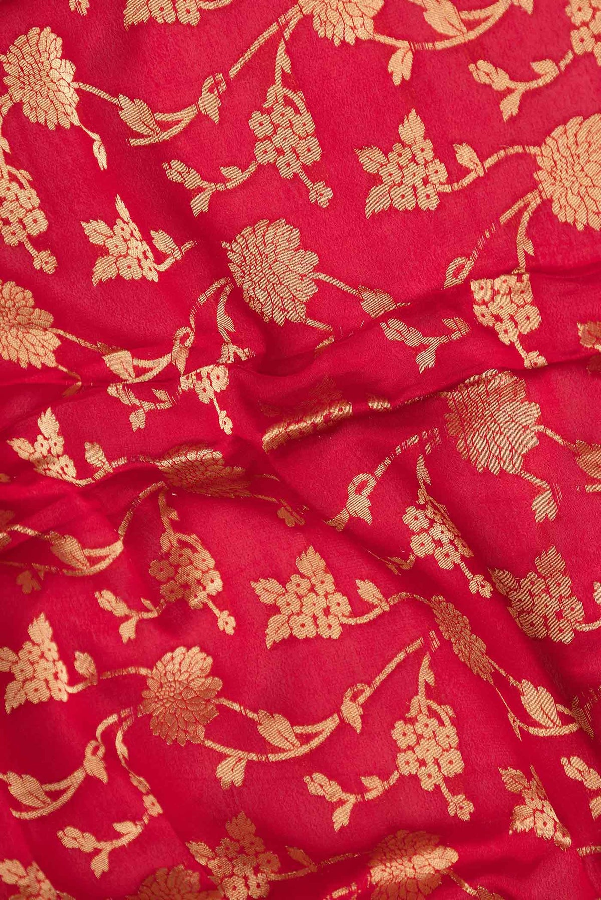 Close up of Red Mysore Crepe Saree with Zari Brocade on the body and Zari Border displaying folds