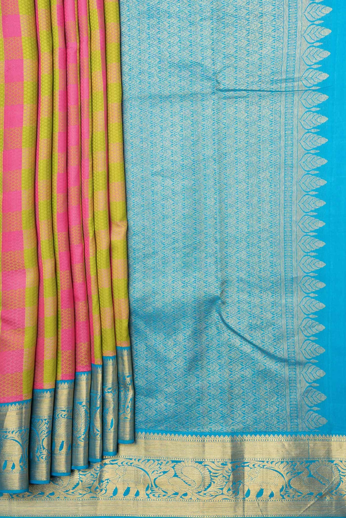 Pleats and pallu of Parrot Green and Pink Color Kanchipuram Saree with Jacquard design on the body and Zari Border